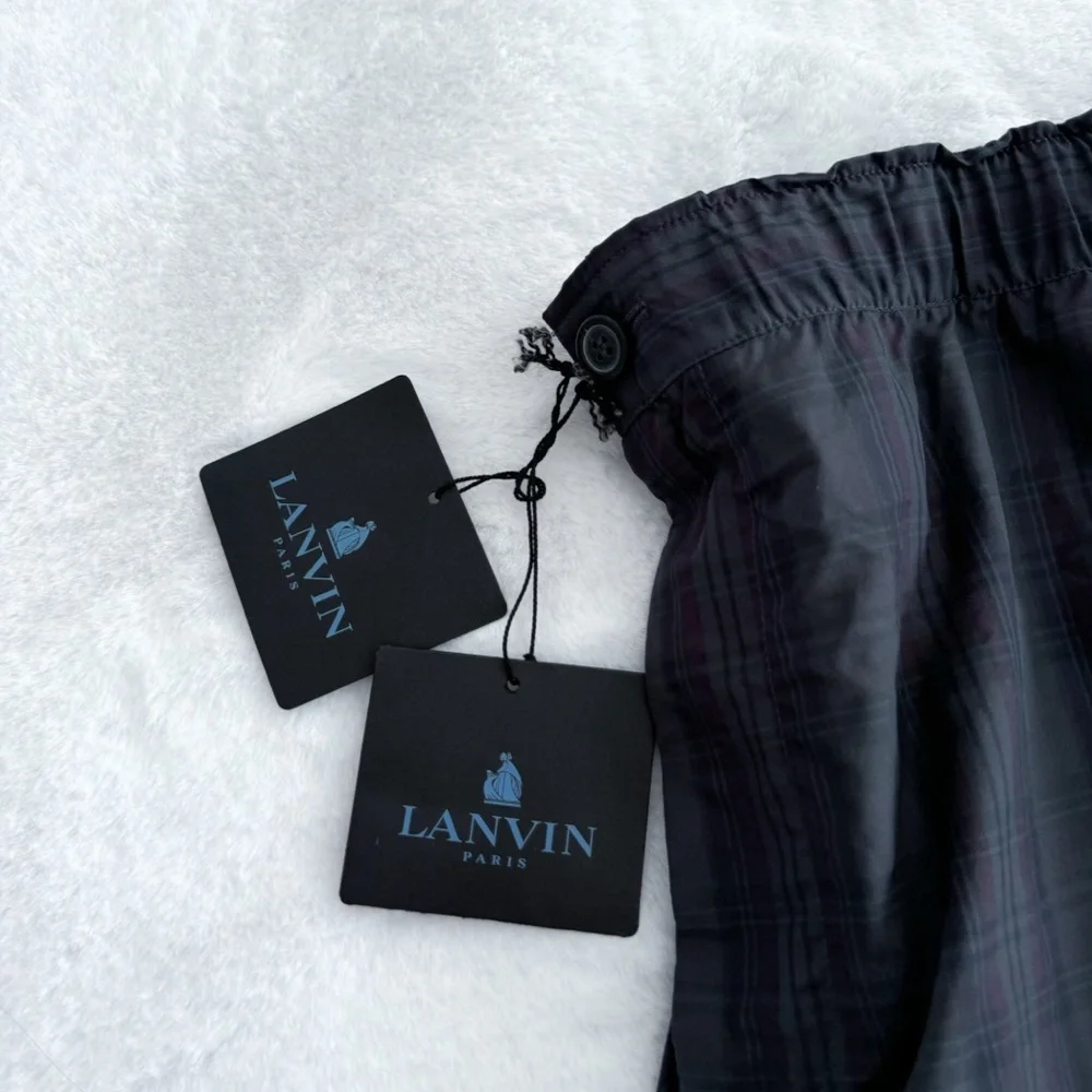 Lanvin Men’s Plaid Check Pants Lounge Elastic Waist Pockets Gray Navy Trousers